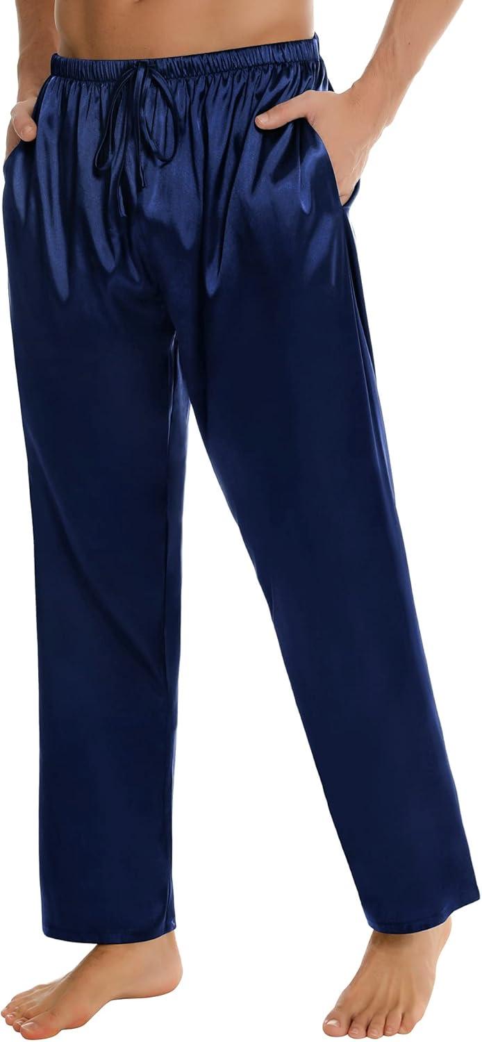 imageSWOMOG Mens Satin Silk Pajama Pant Long Pj Bottoms Soft Lounge Sleep Pants with Pockets amp DrawstringDeep Navy Blue