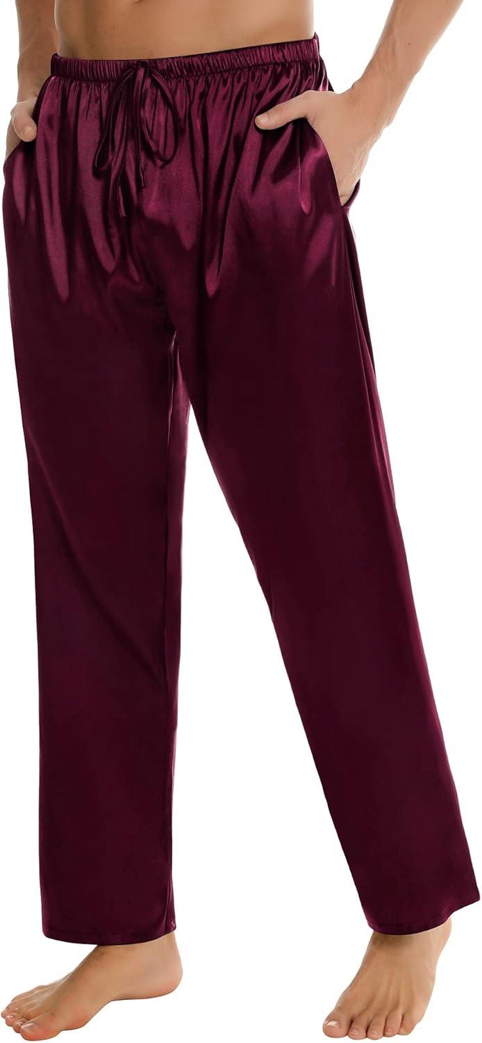 imageSWOMOG Mens Satin Silk Pajama Pant Long Pj Bottoms Soft Lounge Sleep Pants with Pockets amp DrawstringDeep Wine Red