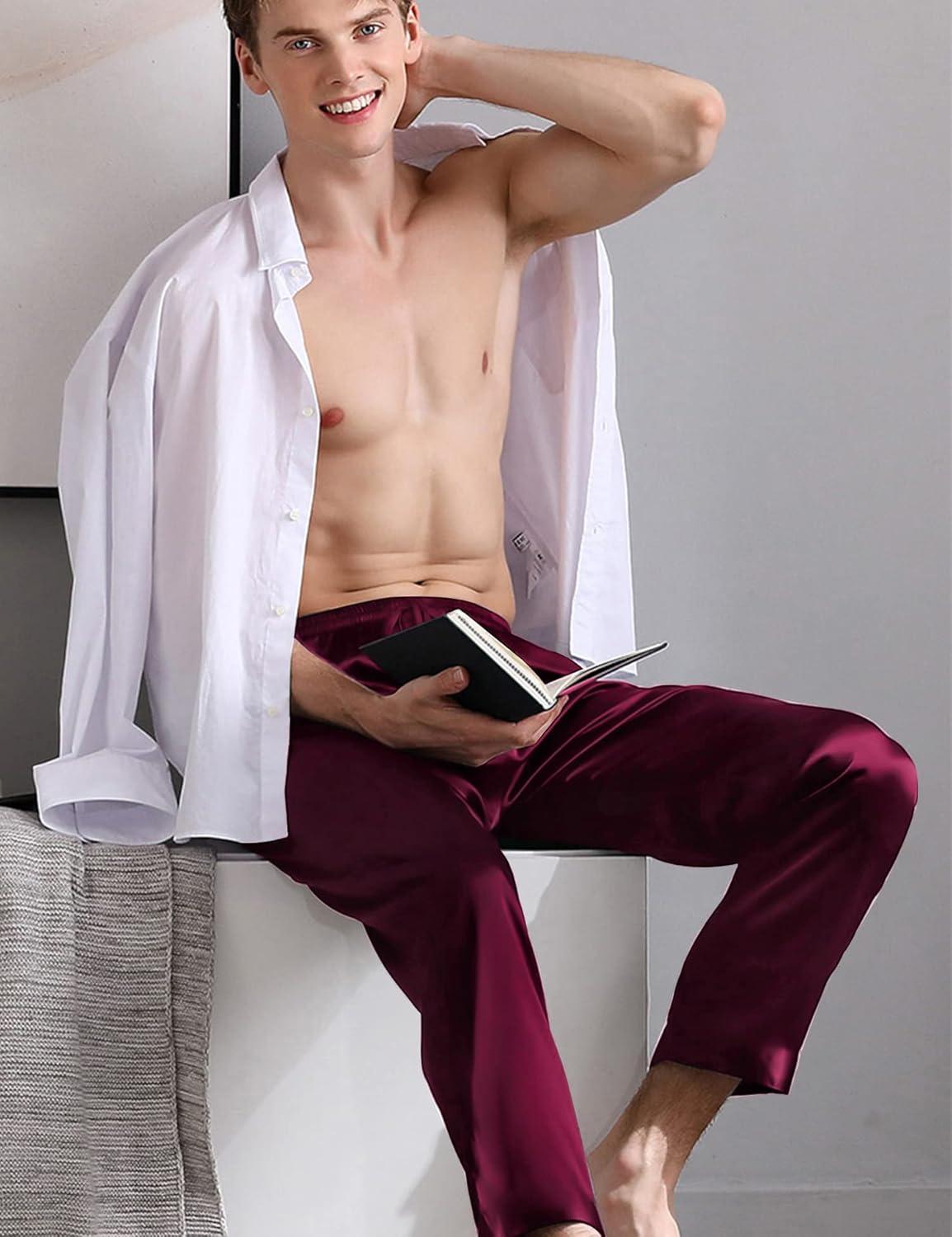 imageSWOMOG Mens Satin Silk Pajama Pant Long Pj Bottoms Soft Lounge Sleep Pants with Pockets amp DrawstringDeep Wine Red