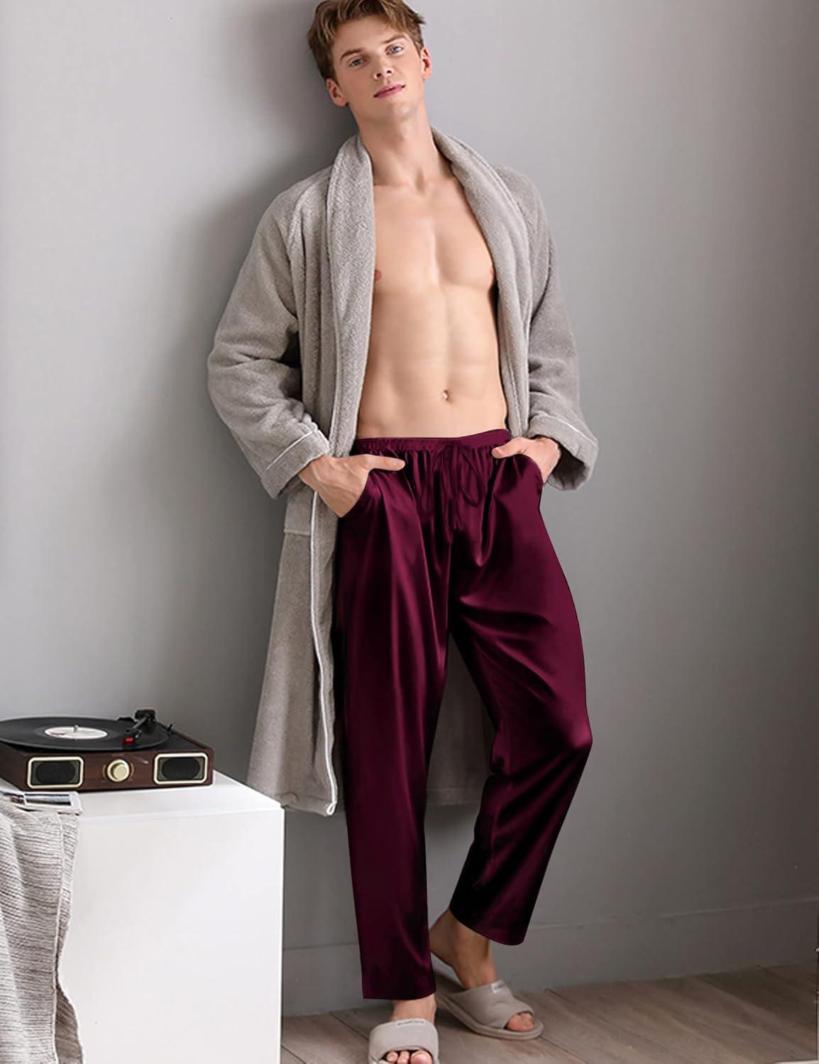 imageSWOMOG Mens Satin Silk Pajama Pant Long Pj Bottoms Soft Lounge Sleep Pants with Pockets amp DrawstringDeep Wine Red