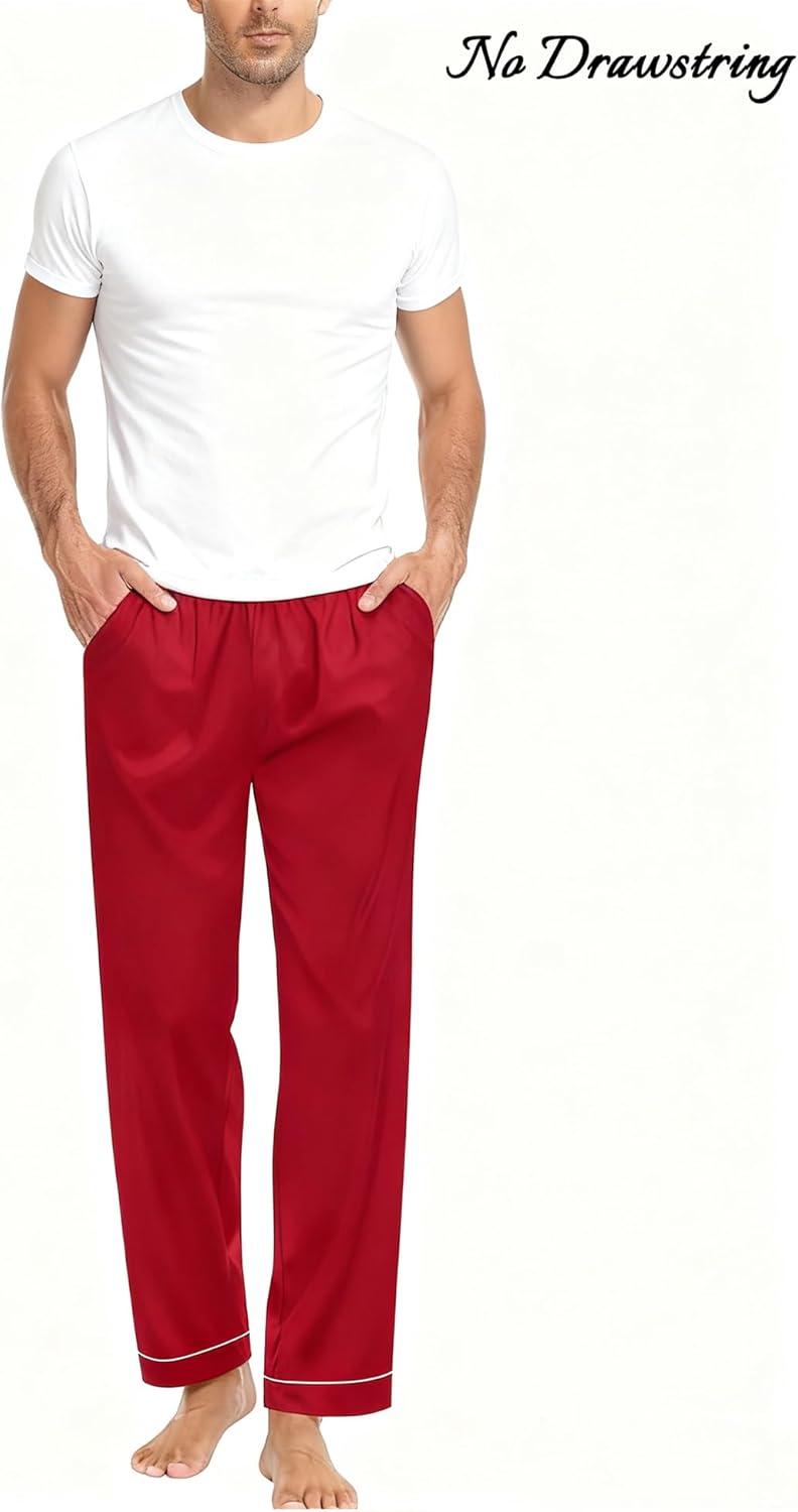 imageSWOMOG Mens Satin Silk Pajama Pant Long Pj Bottoms Soft Lounge Sleep Pants with Pockets amp DrawstringPiping Red