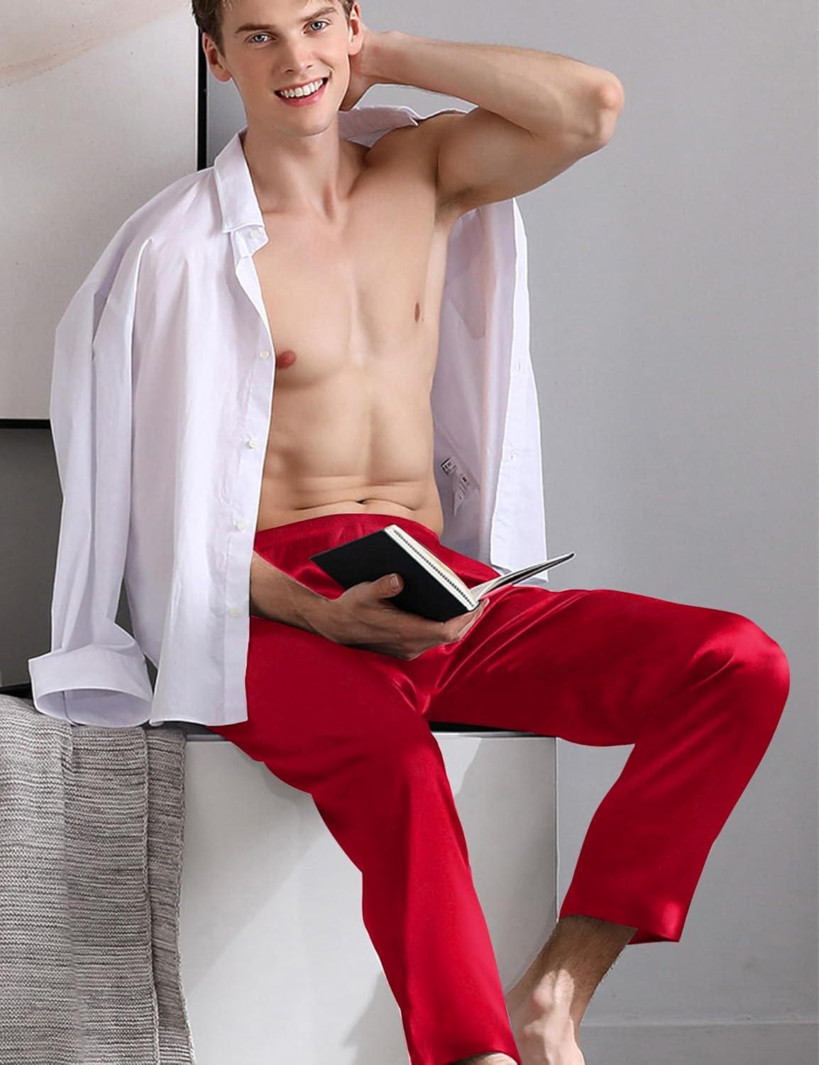 imageSWOMOG Mens Satin Silk Pajama Pant Long Pj Bottoms Soft Lounge Sleep Pants with Pockets amp DrawstringRed