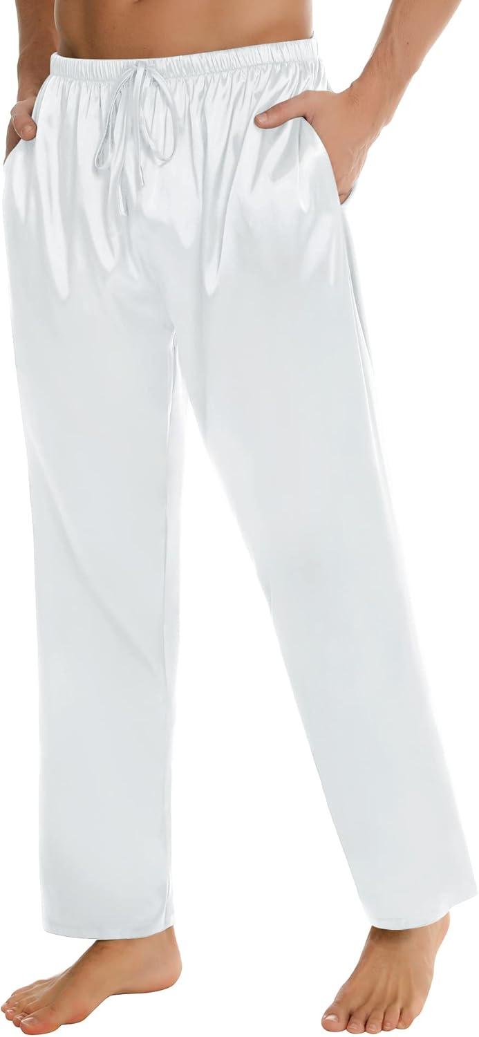 imageSWOMOG Mens Satin Silk Pajama Pant Long Pj Bottoms Soft Lounge Sleep Pants with Pockets amp DrawstringWhite