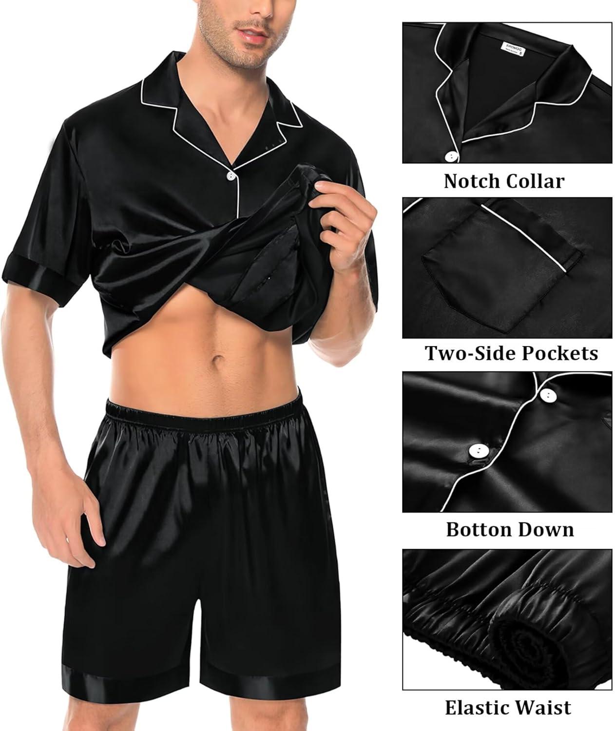 imageSWOMOG Mens Silk Pajama Set 2 Pieces Short Sleeve Soft Satin Sleepwear Button Down PjBlack