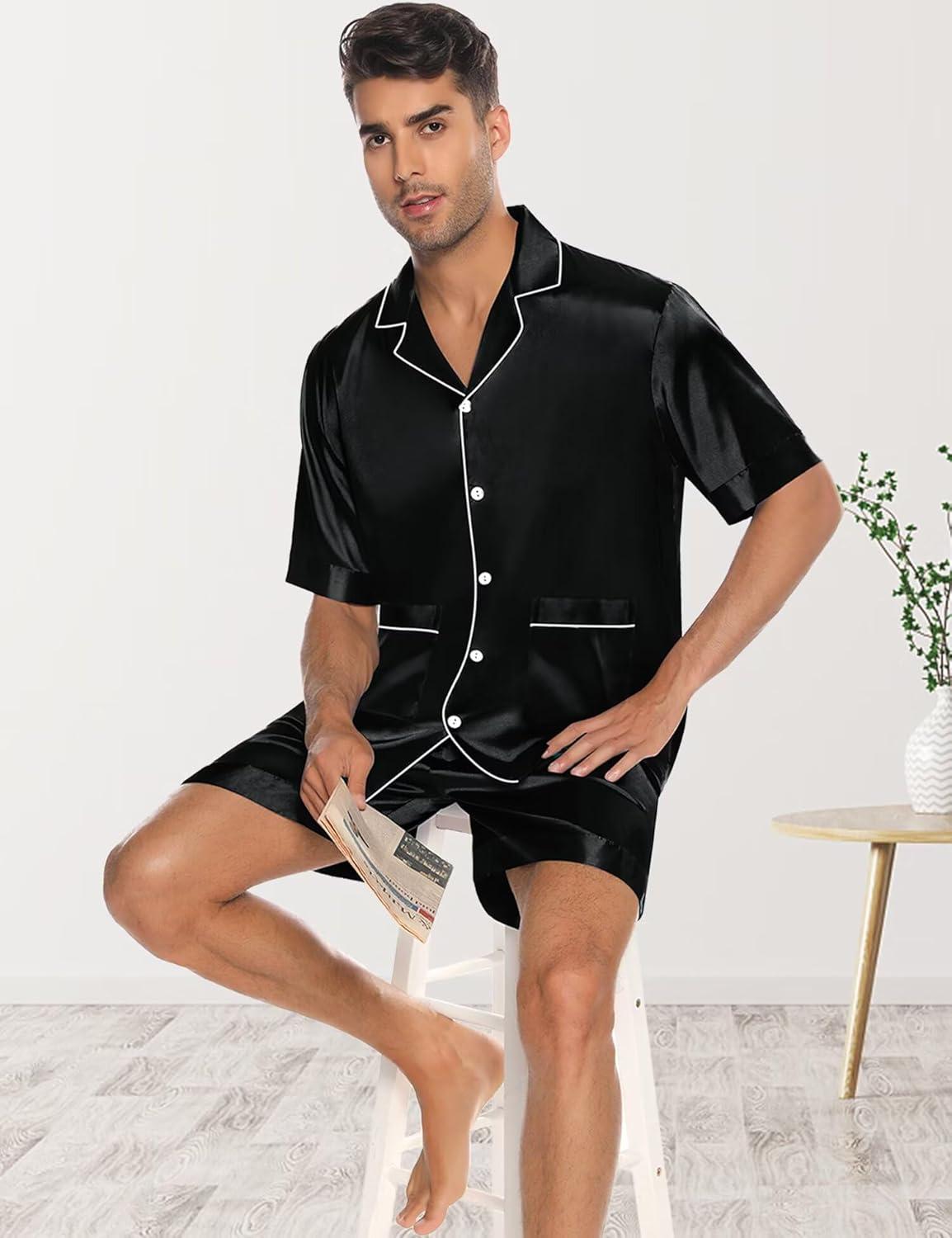 imageSWOMOG Mens Silk Pajama Set 2 Pieces Short Sleeve Soft Satin Sleepwear Button Down PjBlack