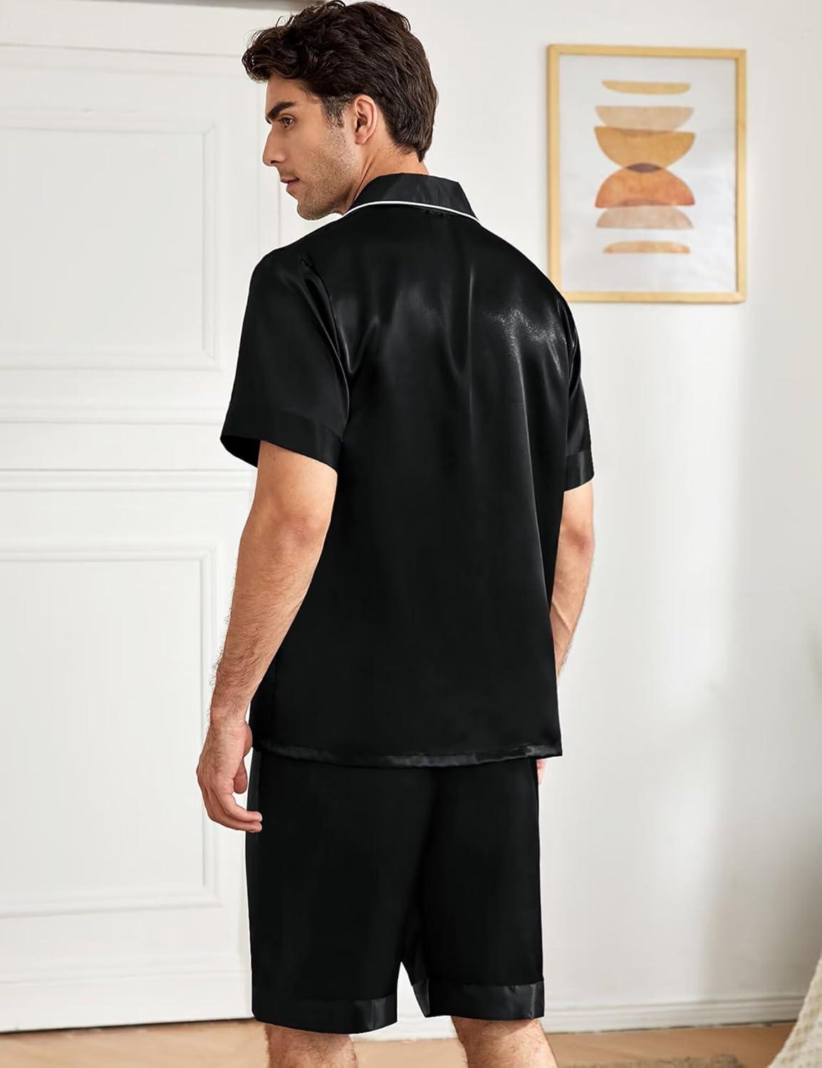 imageSWOMOG Mens Silk Pajama Set 2 Pieces Short Sleeve Soft Satin Sleepwear Button Down PjBlack
