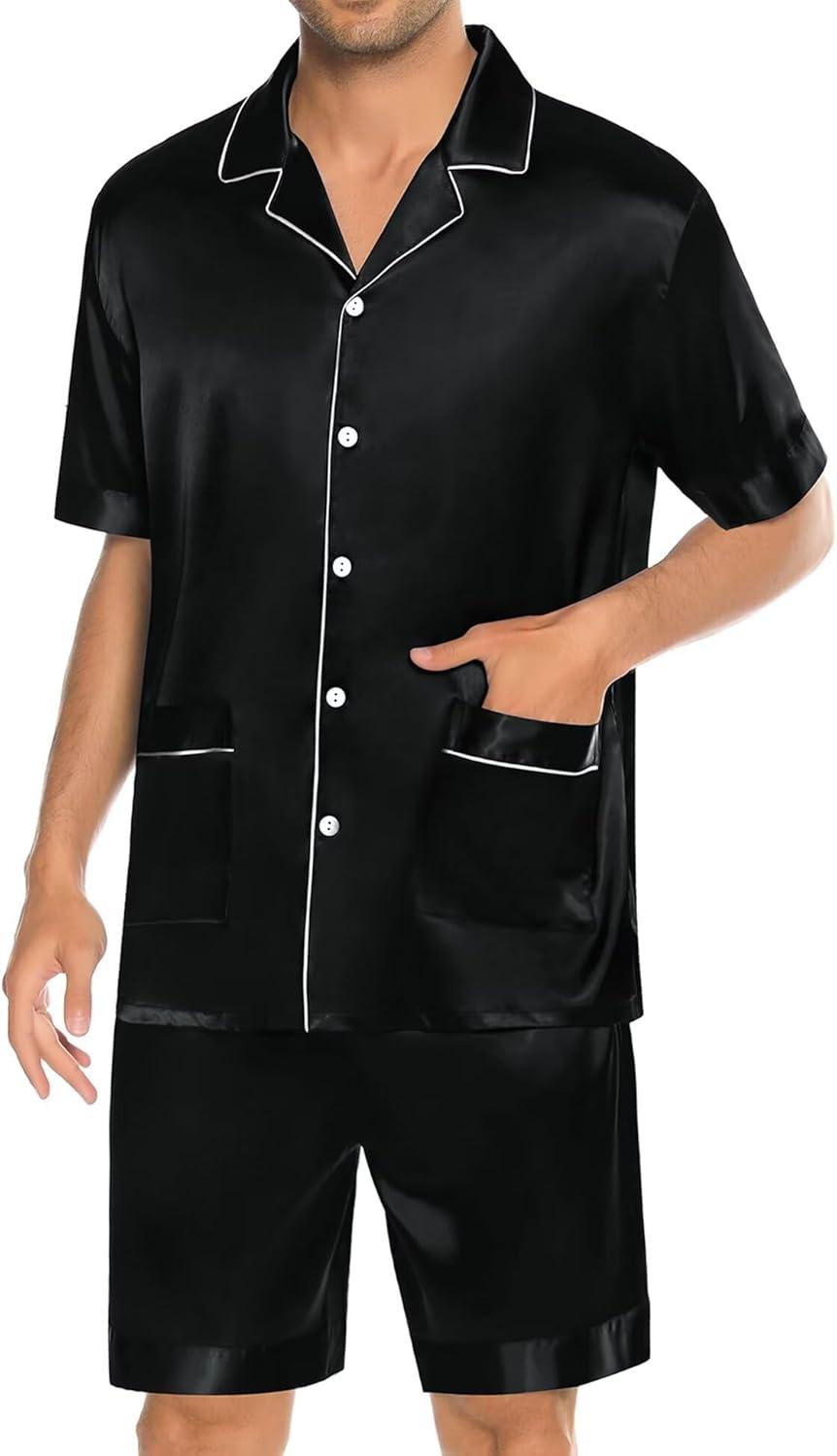 imageSWOMOG Mens Silk Pajama Set 2 Pieces Short Sleeve Soft Satin Sleepwear Button Down PjBlack