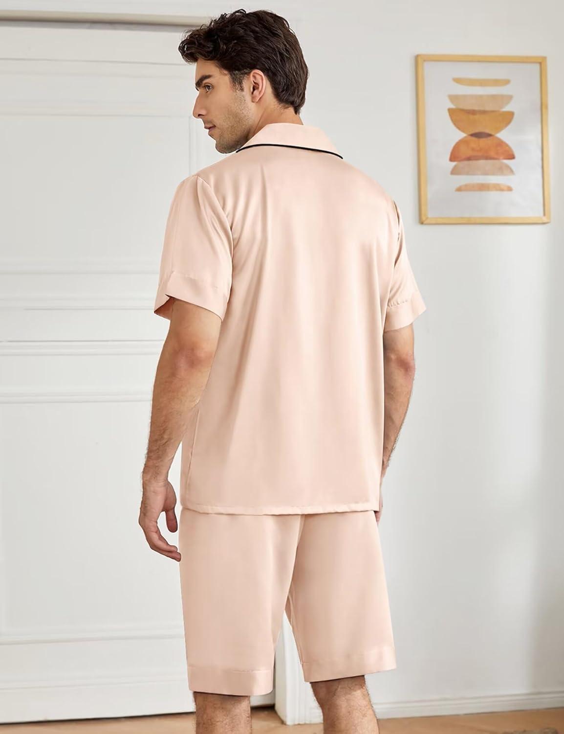 imageSWOMOG Mens Silk Pajama Set 2 Pieces Short Sleeve Soft Satin Sleepwear Button Down PjChampagne