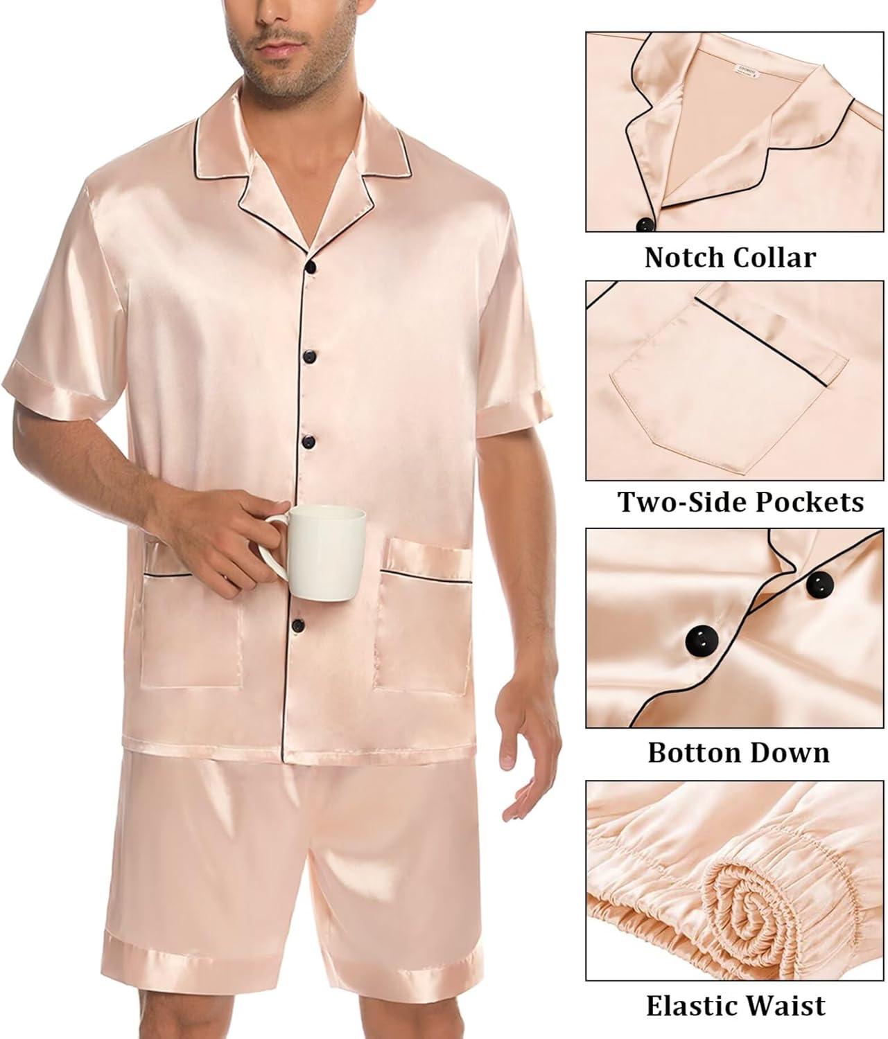 imageSWOMOG Mens Silk Pajama Set 2 Pieces Short Sleeve Soft Satin Sleepwear Button Down PjChampagne