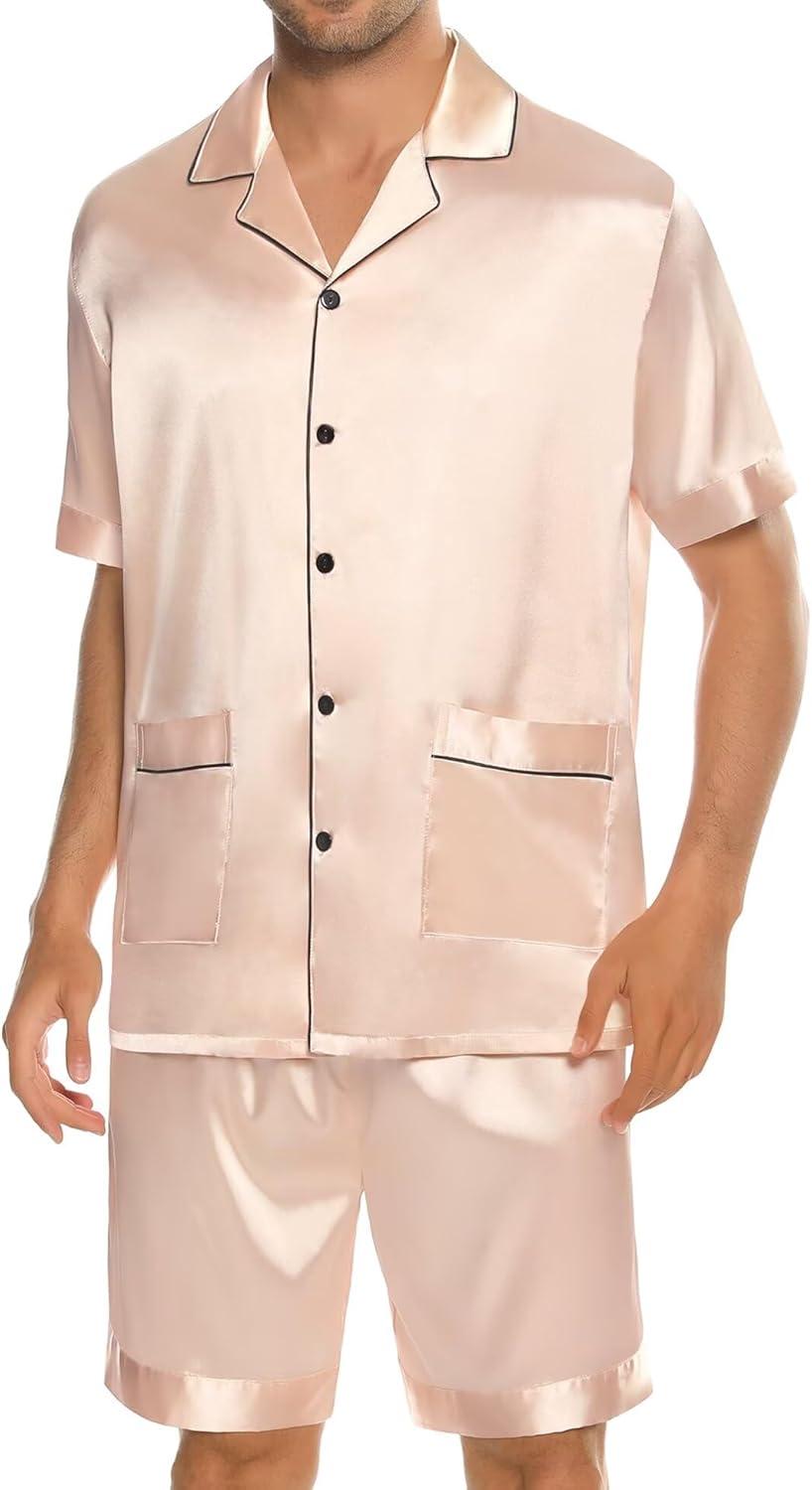 imageSWOMOG Mens Silk Pajama Set 2 Pieces Short Sleeve Soft Satin Sleepwear Button Down PjChampagne