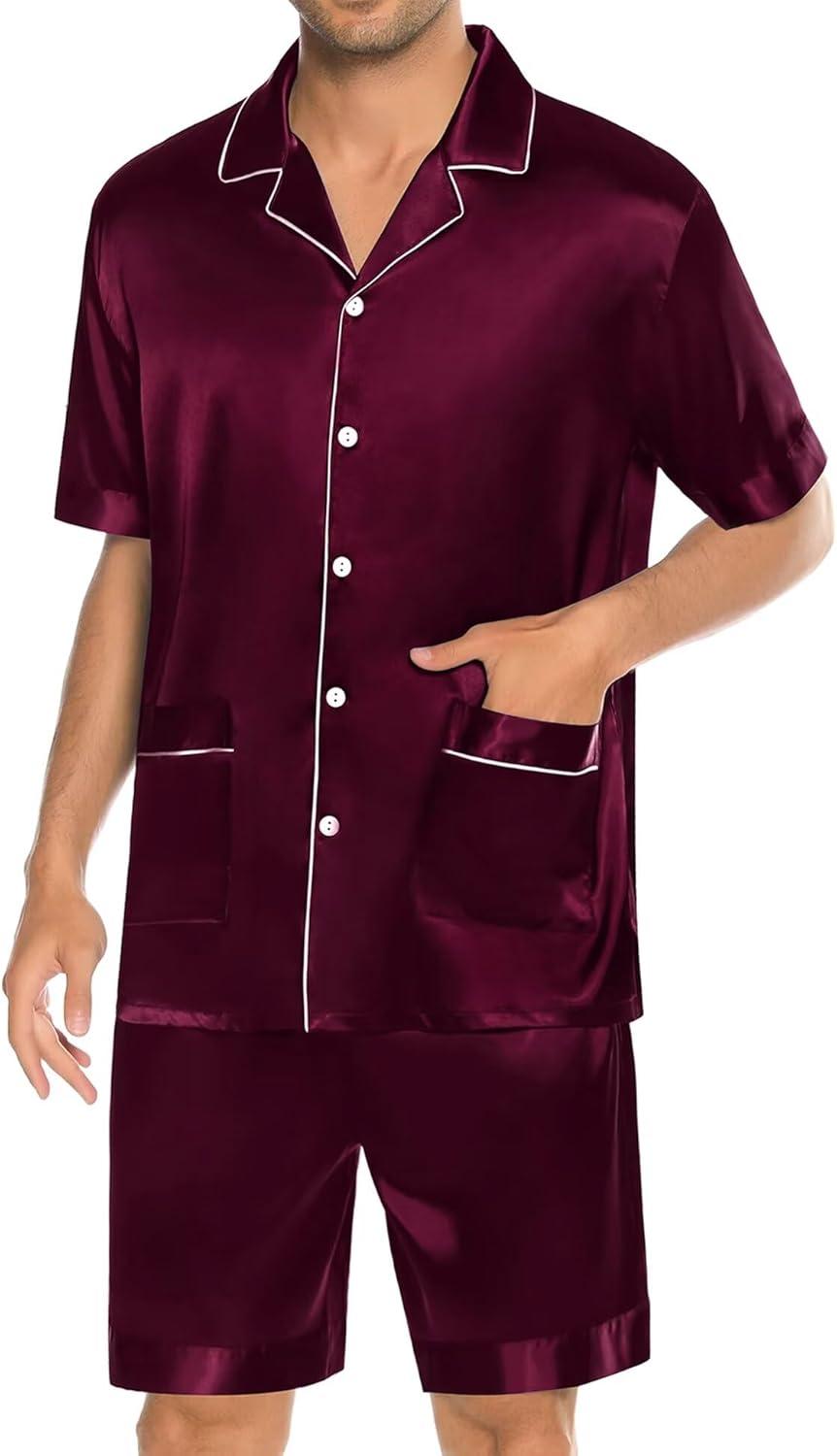 imageSWOMOG Mens Silk Pajama Set 2 Pieces Short Sleeve Soft Satin Sleepwear Button Down PjDeep Wine Red