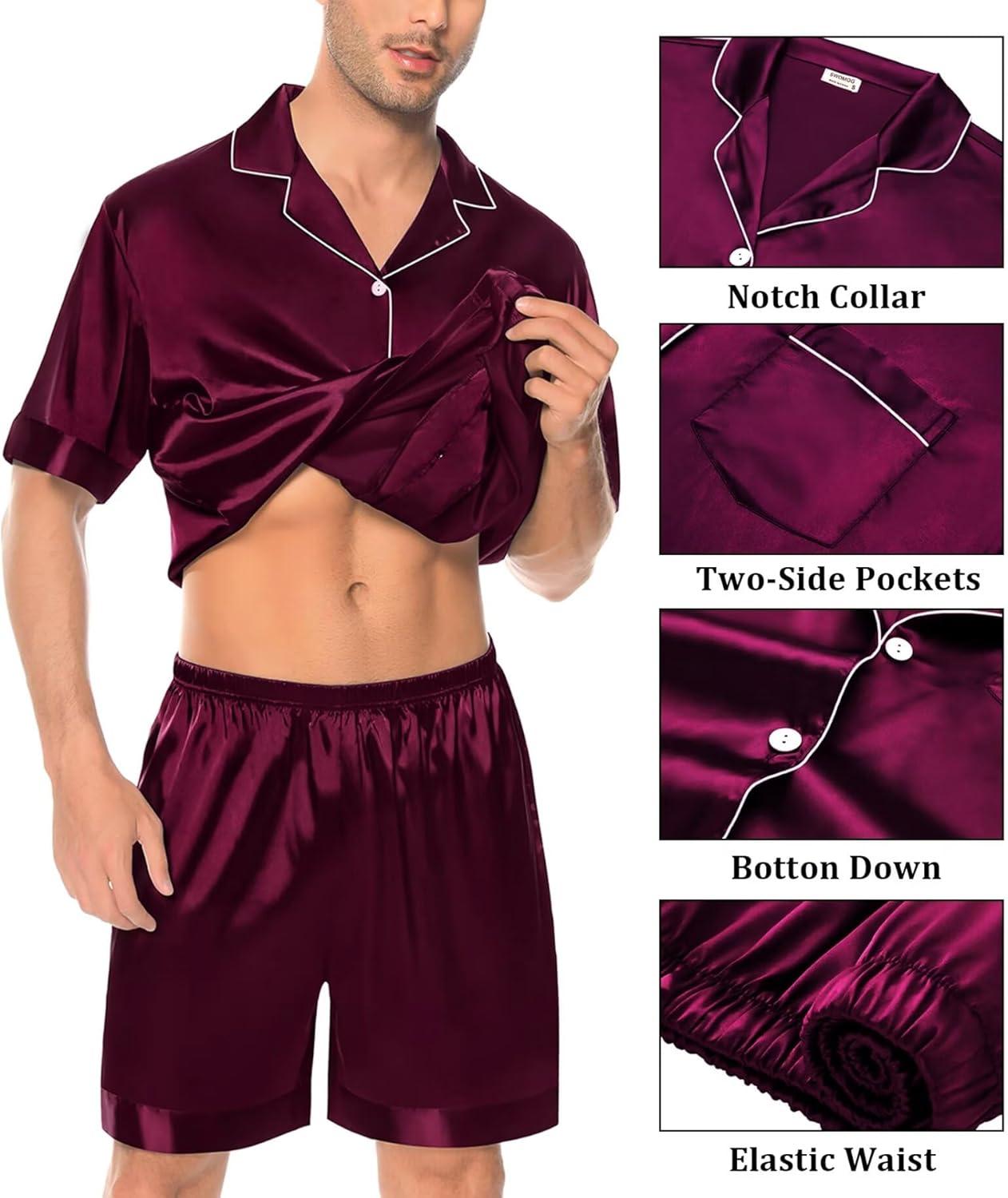 imageSWOMOG Mens Silk Pajama Set 2 Pieces Short Sleeve Soft Satin Sleepwear Button Down PjDeep Wine Red