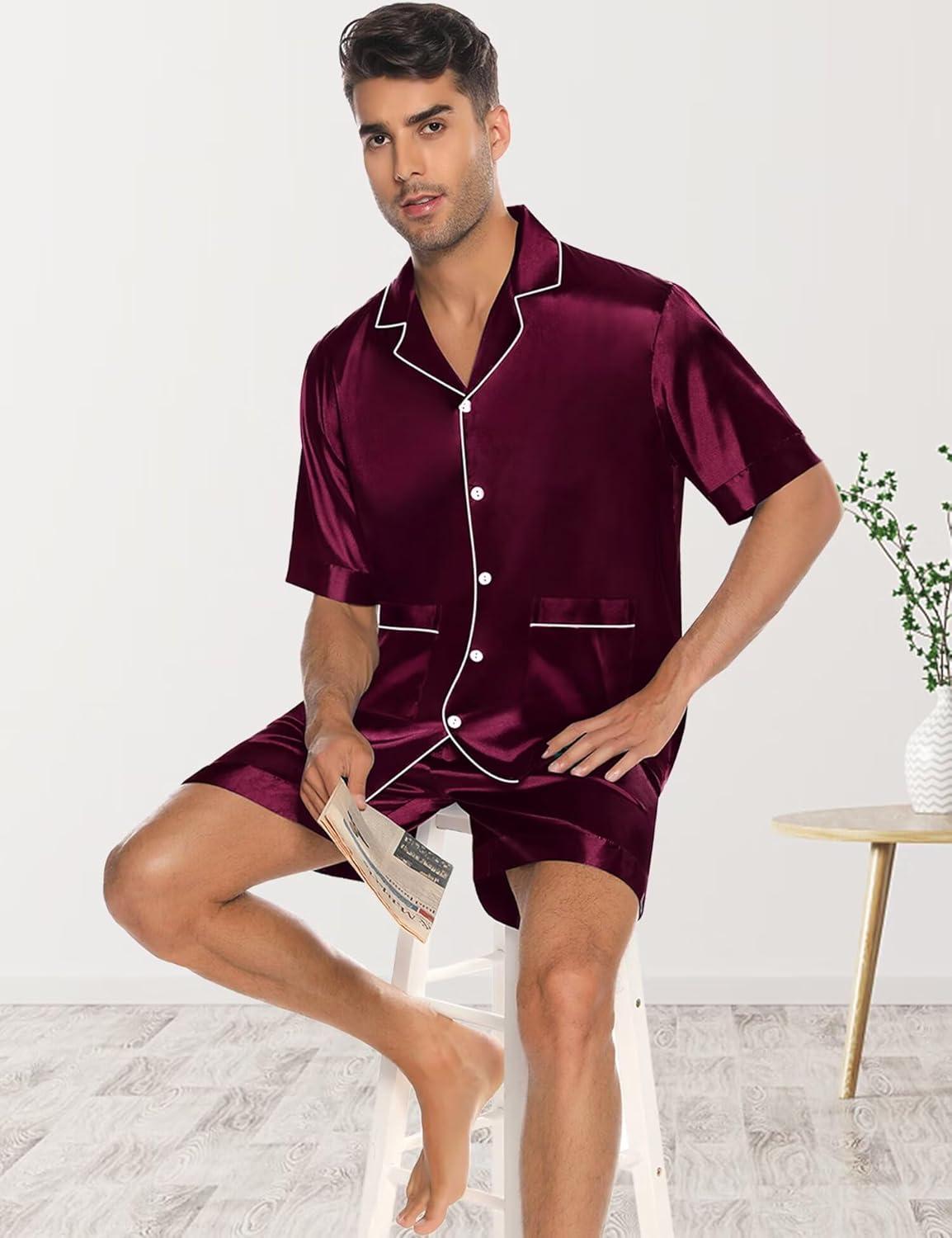 imageSWOMOG Mens Silk Pajama Set 2 Pieces Short Sleeve Soft Satin Sleepwear Button Down PjDeep Wine Red