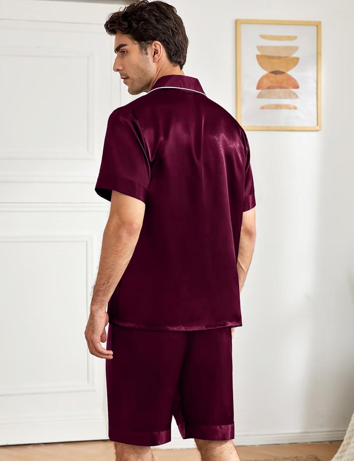 imageSWOMOG Mens Silk Pajama Set 2 Pieces Short Sleeve Soft Satin Sleepwear Button Down PjDeep Wine Red