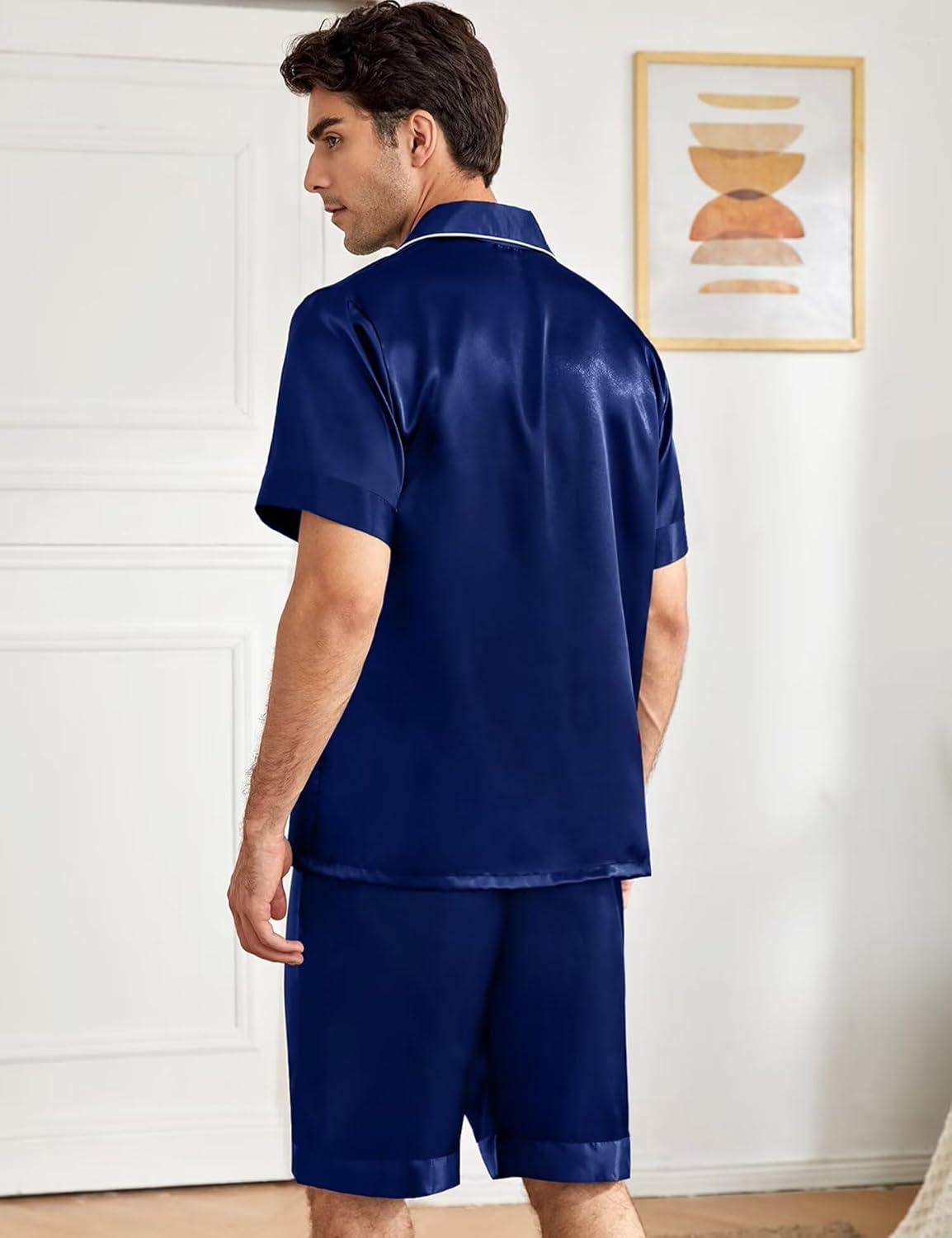 imageSWOMOG Mens Silk Pajama Set 2 Pieces Short Sleeve Soft Satin Sleepwear Button Down PjNavy Blue