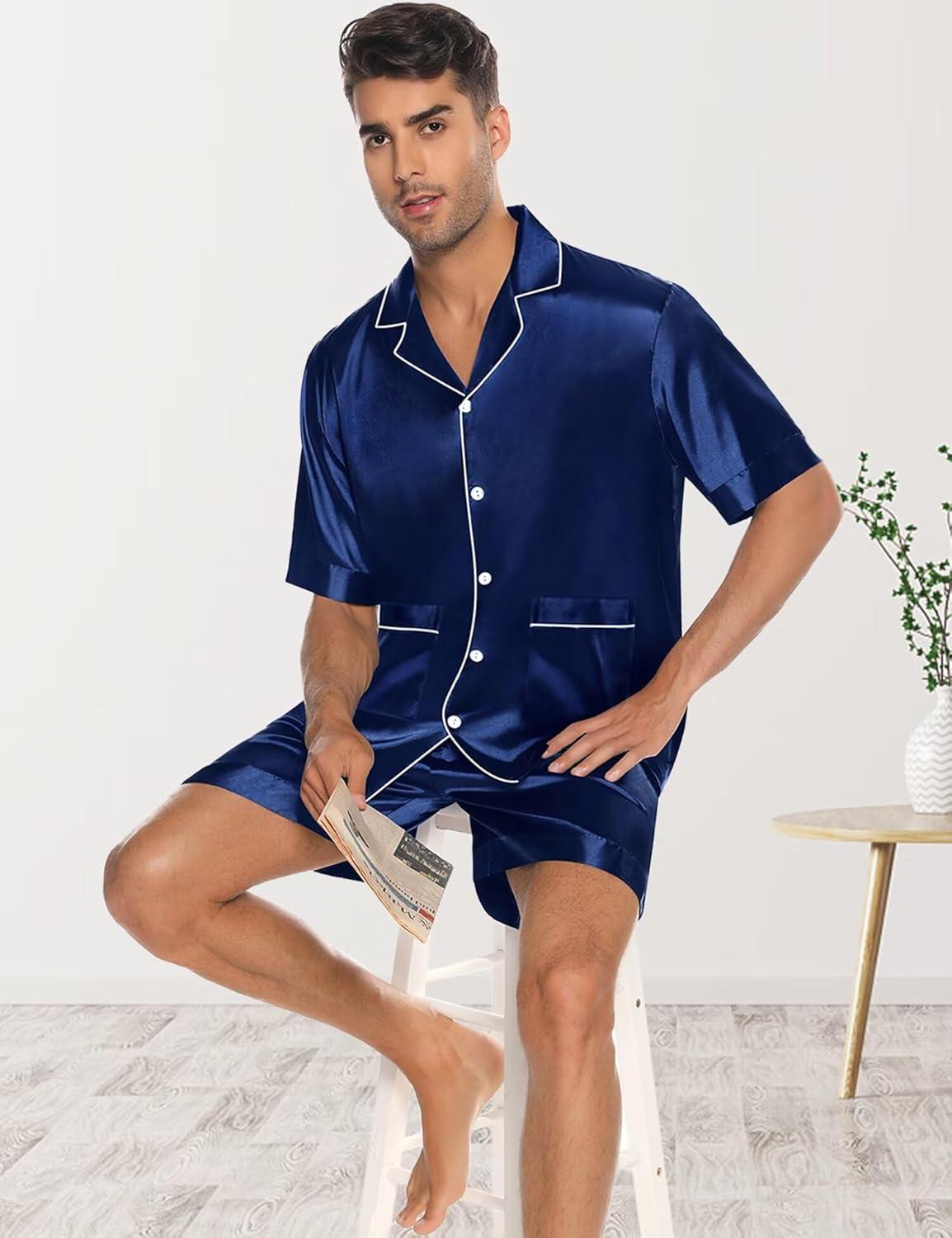 imageSWOMOG Mens Silk Pajama Set 2 Pieces Short Sleeve Soft Satin Sleepwear Button Down PjNavy Blue
