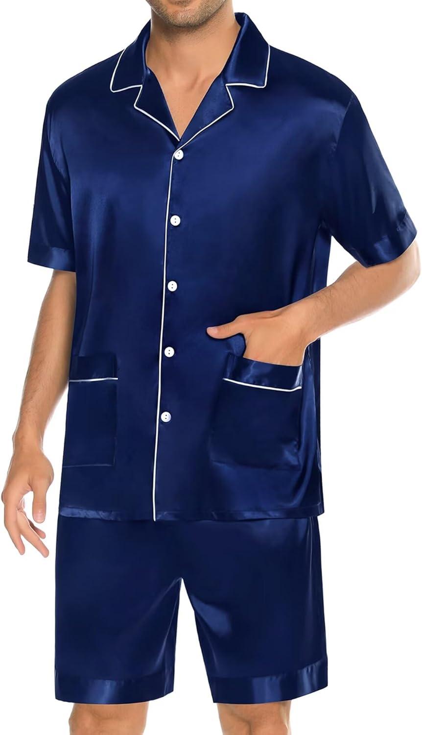 imageSWOMOG Mens Silk Pajama Set 2 Pieces Short Sleeve Soft Satin Sleepwear Button Down PjNavy Blue