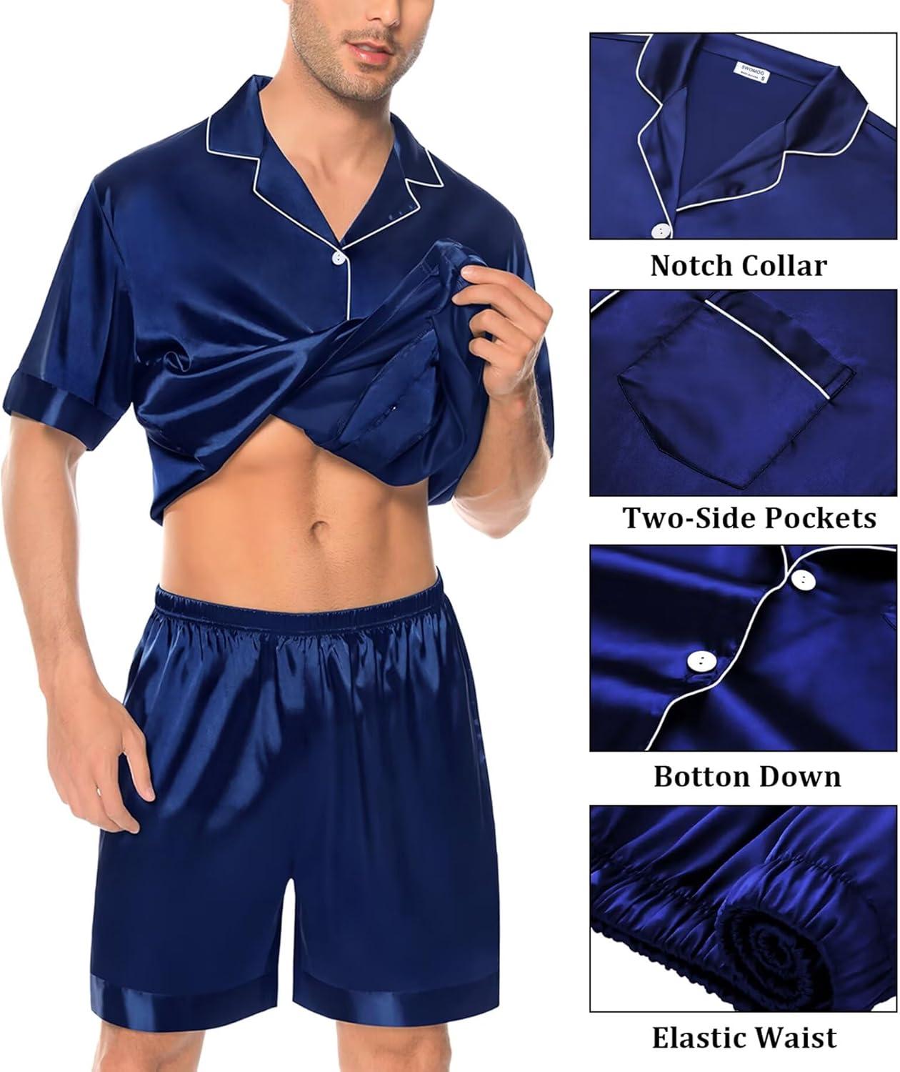 imageSWOMOG Mens Silk Pajama Set 2 Pieces Short Sleeve Soft Satin Sleepwear Button Down PjNavy Blue