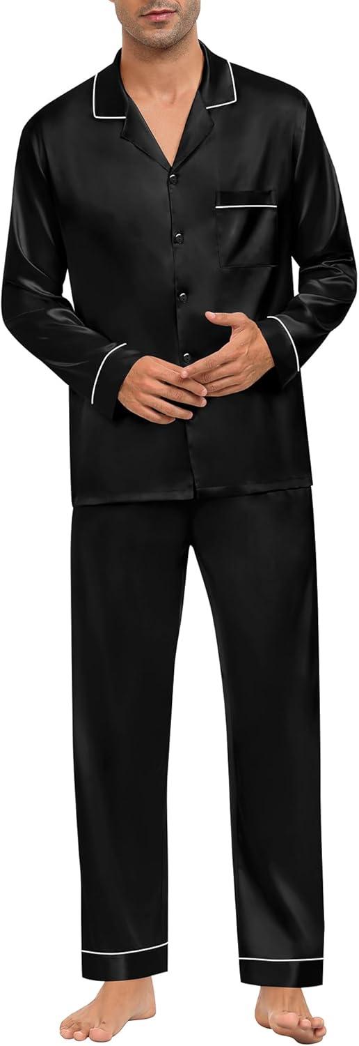 imageSWOMOG Mens Silk Pajamas Set Satin Long Sleeve Button Down 2 PCS Sleepwear V Neck Classic Loungewear Pjs with Long PantsAblack