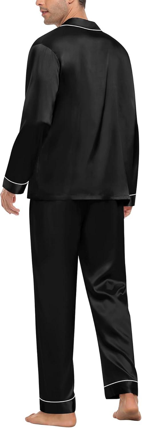 imageSWOMOG Mens Silk Pajamas Set Satin Long Sleeve Button Down 2 PCS Sleepwear V Neck Classic Loungewear Pjs with Long PantsAblack