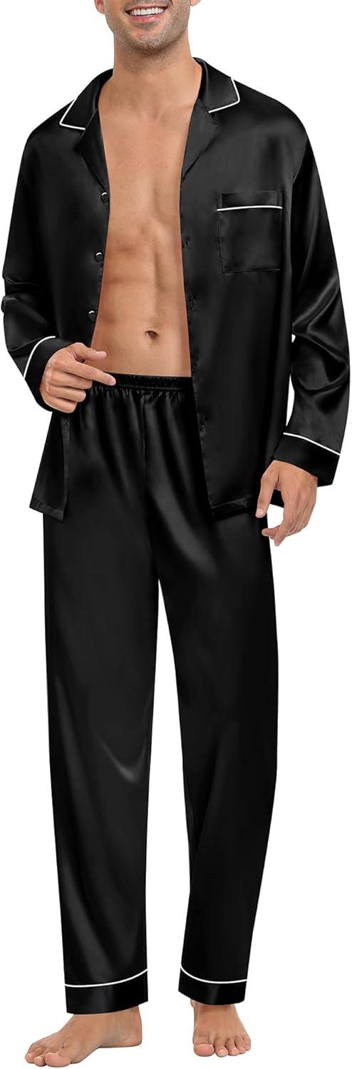imageSWOMOG Mens Silk Pajamas Set Satin Long Sleeve Button Down 2 PCS Sleepwear V Neck Classic Loungewear Pjs with Long PantsAblack