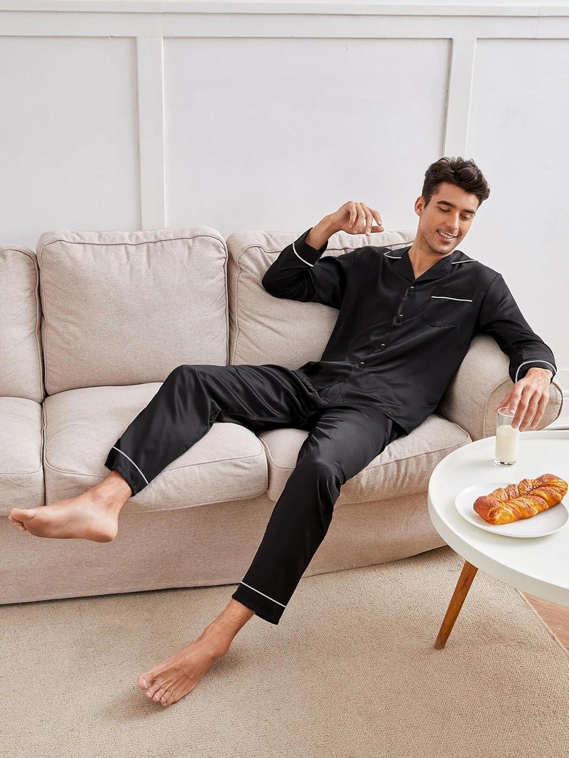 imageSWOMOG Mens Silk Pajamas Set Satin Long Sleeve Button Down 2 PCS Sleepwear V Neck Classic Loungewear Pjs with Long PantsAblack