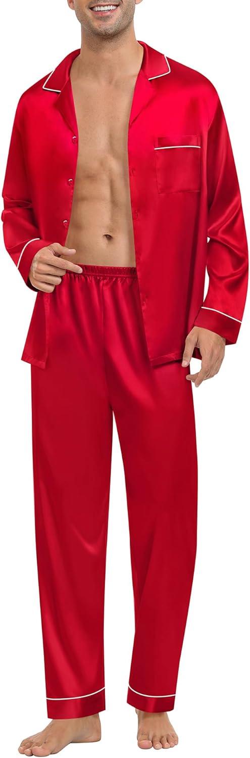imageSWOMOG Mens Silk Pajamas Set Satin Long Sleeve Button Down 2 PCS Sleepwear V Neck Classic Loungewear Pjs with Long PantsAred