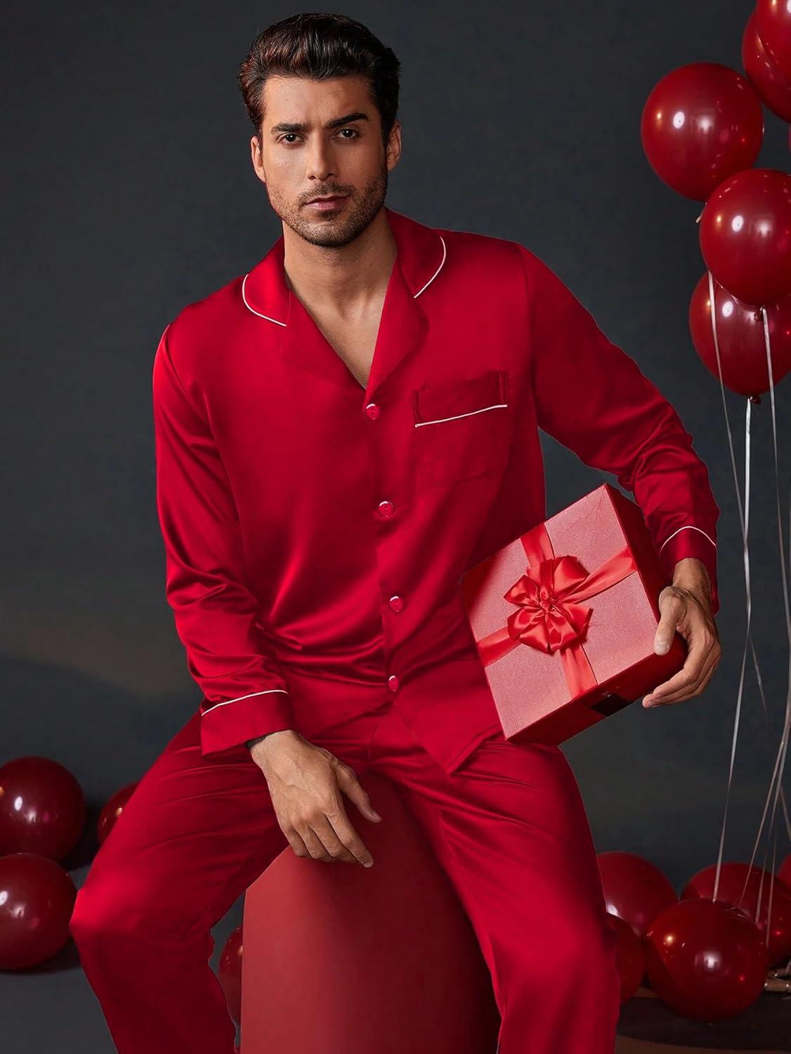 imageSWOMOG Mens Silk Pajamas Set Satin Long Sleeve Button Down 2 PCS Sleepwear V Neck Classic Loungewear Pjs with Long PantsAred