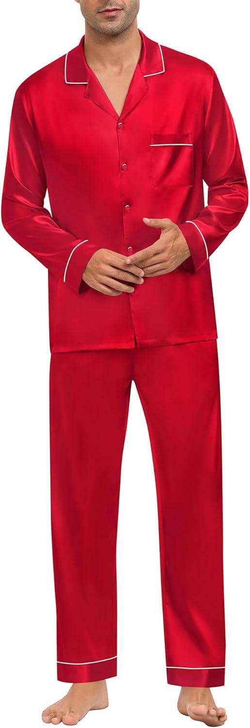 imageSWOMOG Mens Silk Pajamas Set Satin Long Sleeve Button Down 2 PCS Sleepwear V Neck Classic Loungewear Pjs with Long PantsAred