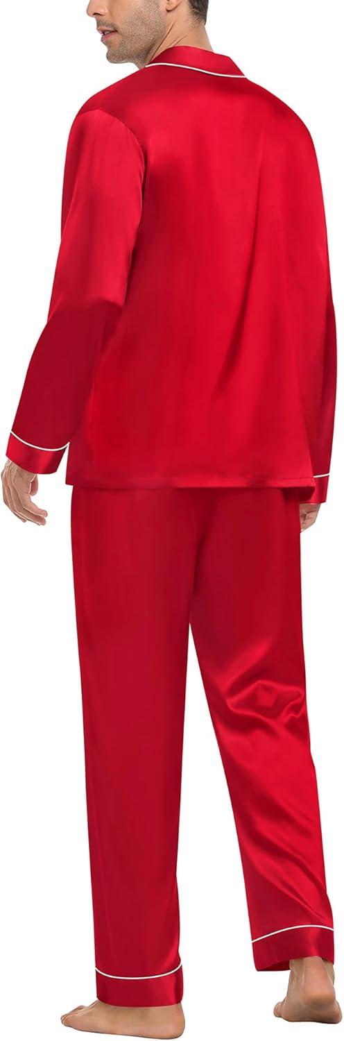 imageSWOMOG Mens Silk Pajamas Set Satin Long Sleeve Button Down 2 PCS Sleepwear V Neck Classic Loungewear Pjs with Long PantsAred