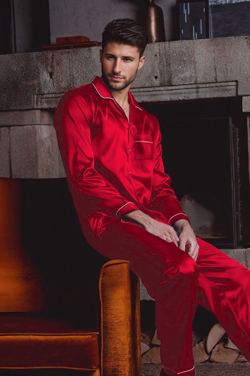 imageSWOMOG Mens Silk Pajamas Set Satin Long Sleeve Button Down 2 PCS Sleepwear V Neck Classic Loungewear Pjs with Long PantsAred
