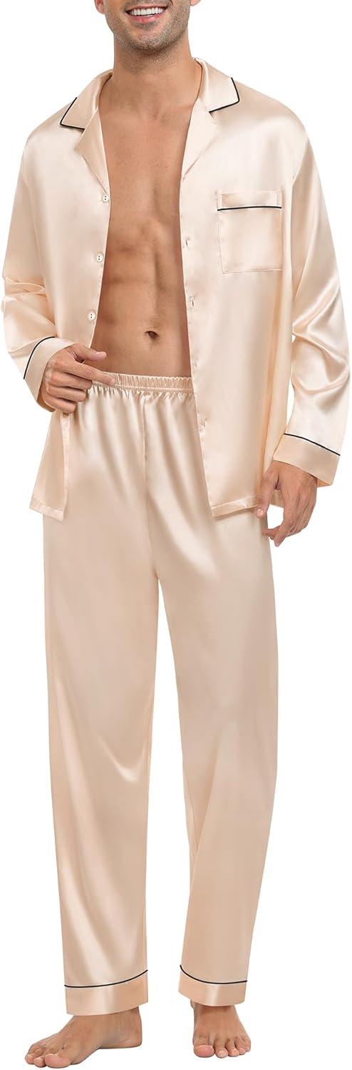 imageSWOMOG Mens Silk Pajamas Set Satin Long Sleeve Button Down 2 PCS Sleepwear V Neck Classic Loungewear Pjs with Long PantsChampagne