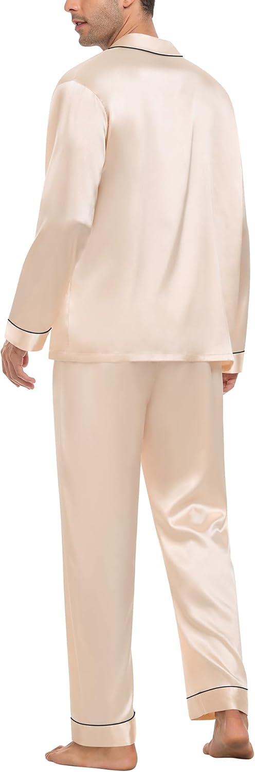 imageSWOMOG Mens Silk Pajamas Set Satin Long Sleeve Button Down 2 PCS Sleepwear V Neck Classic Loungewear Pjs with Long PantsChampagne