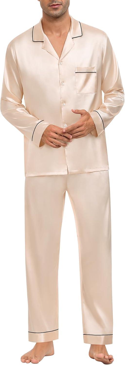 imageSWOMOG Mens Silk Pajamas Set Satin Long Sleeve Button Down 2 PCS Sleepwear V Neck Classic Loungewear Pjs with Long PantsChampagne