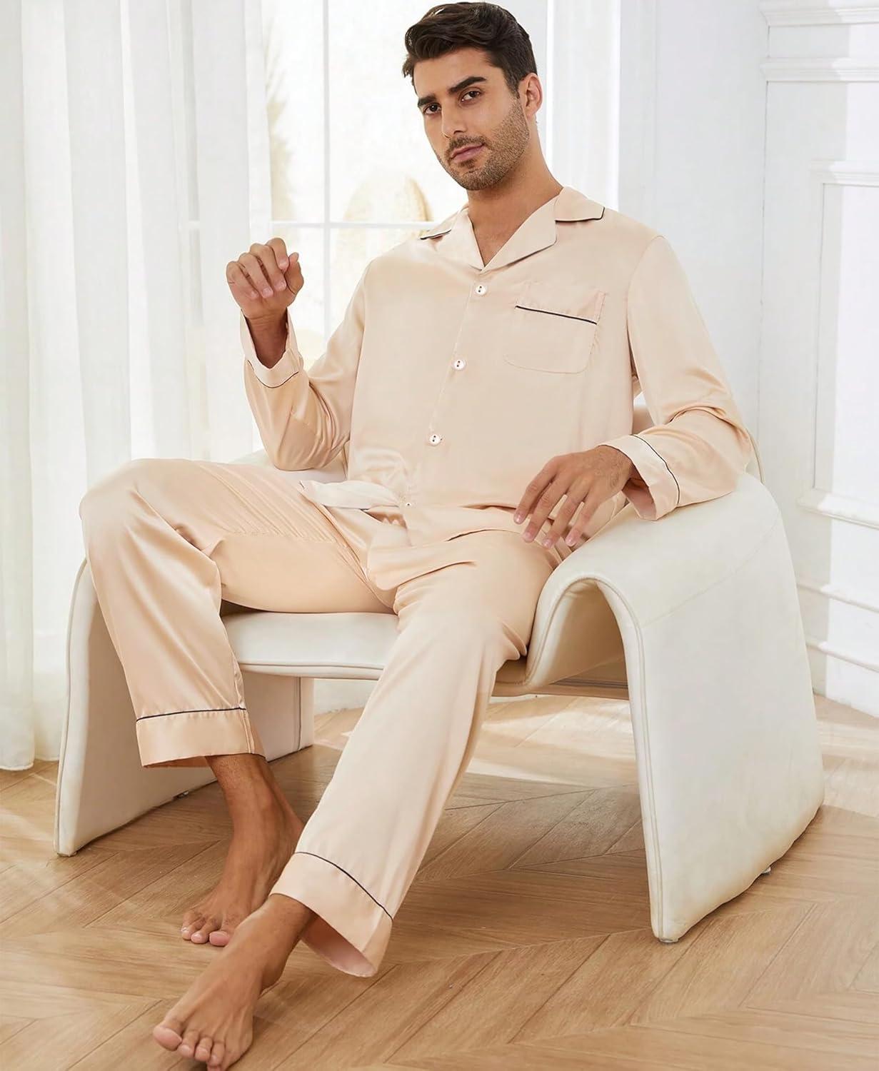 imageSWOMOG Mens Silk Pajamas Set Satin Long Sleeve Button Down 2 PCS Sleepwear V Neck Classic Loungewear Pjs with Long PantsChampagne
