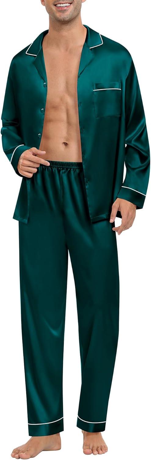 imageSWOMOG Mens Silk Pajamas Set Satin Long Sleeve Button Down 2 PCS Sleepwear V Neck Classic Loungewear Pjs with Long PantsDark Green