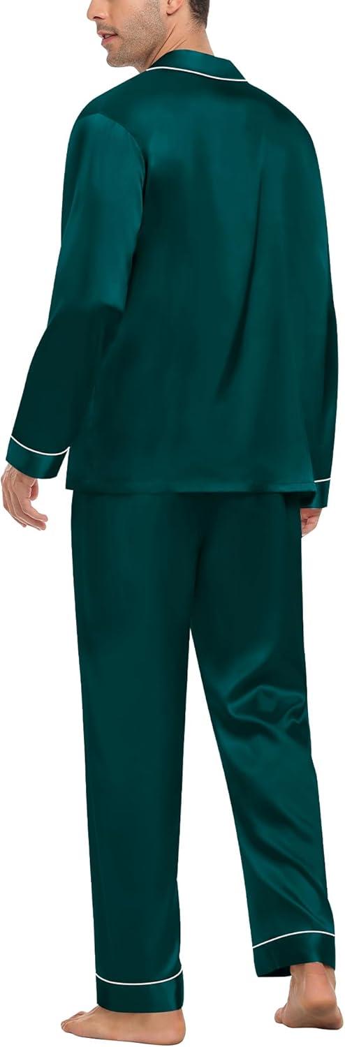 imageSWOMOG Mens Silk Pajamas Set Satin Long Sleeve Button Down 2 PCS Sleepwear V Neck Classic Loungewear Pjs with Long PantsDark Green