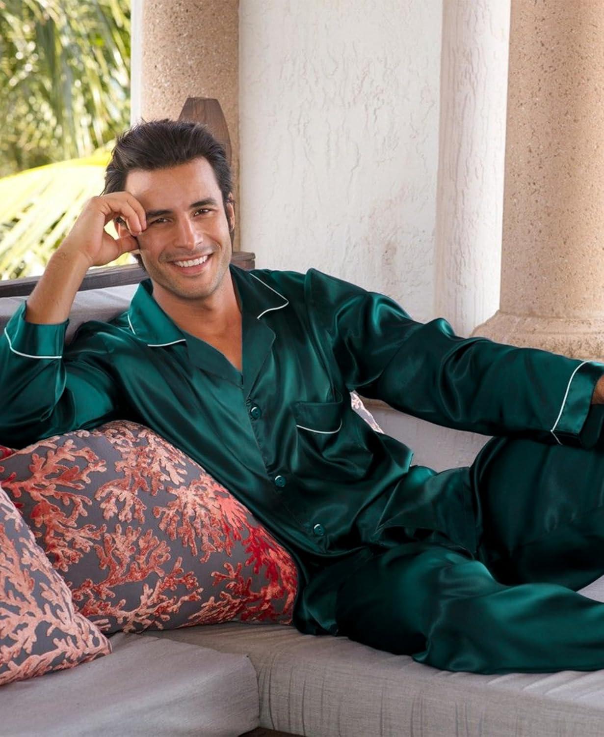imageSWOMOG Mens Silk Pajamas Set Satin Long Sleeve Button Down 2 PCS Sleepwear V Neck Classic Loungewear Pjs with Long PantsDark Green