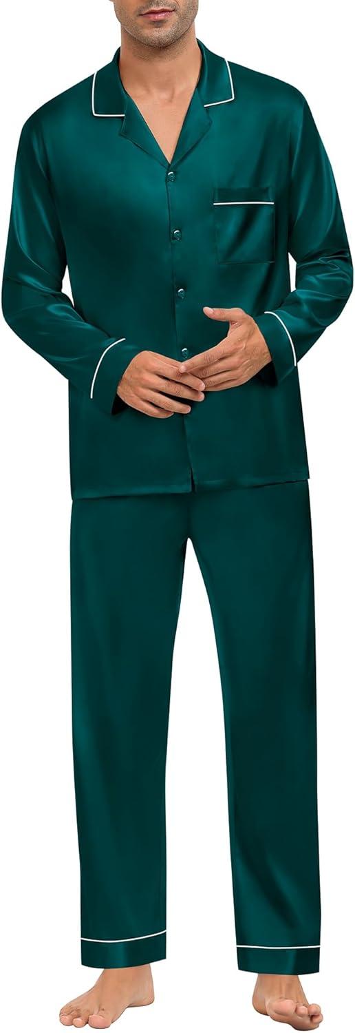 imageSWOMOG Mens Silk Pajamas Set Satin Long Sleeve Button Down 2 PCS Sleepwear V Neck Classic Loungewear Pjs with Long PantsDark Green