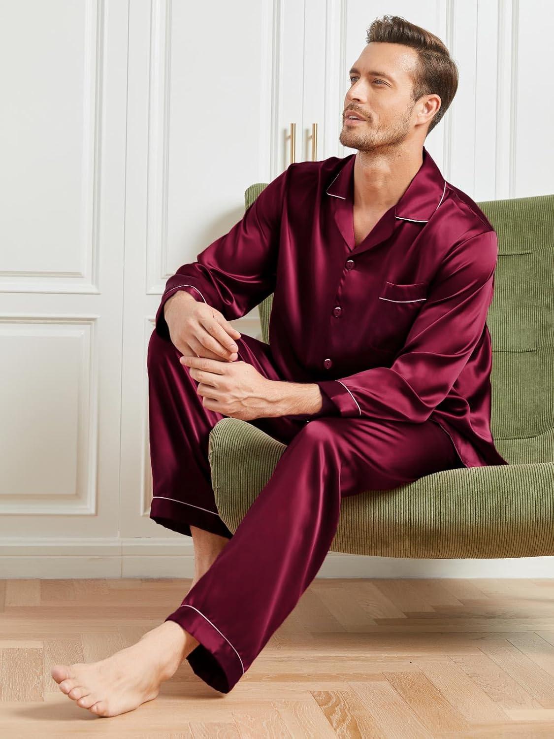 imageSWOMOG Mens Silk Pajamas Set Satin Long Sleeve Button Down 2 PCS Sleepwear V Neck Classic Loungewear Pjs with Long PantsDark Wine Red