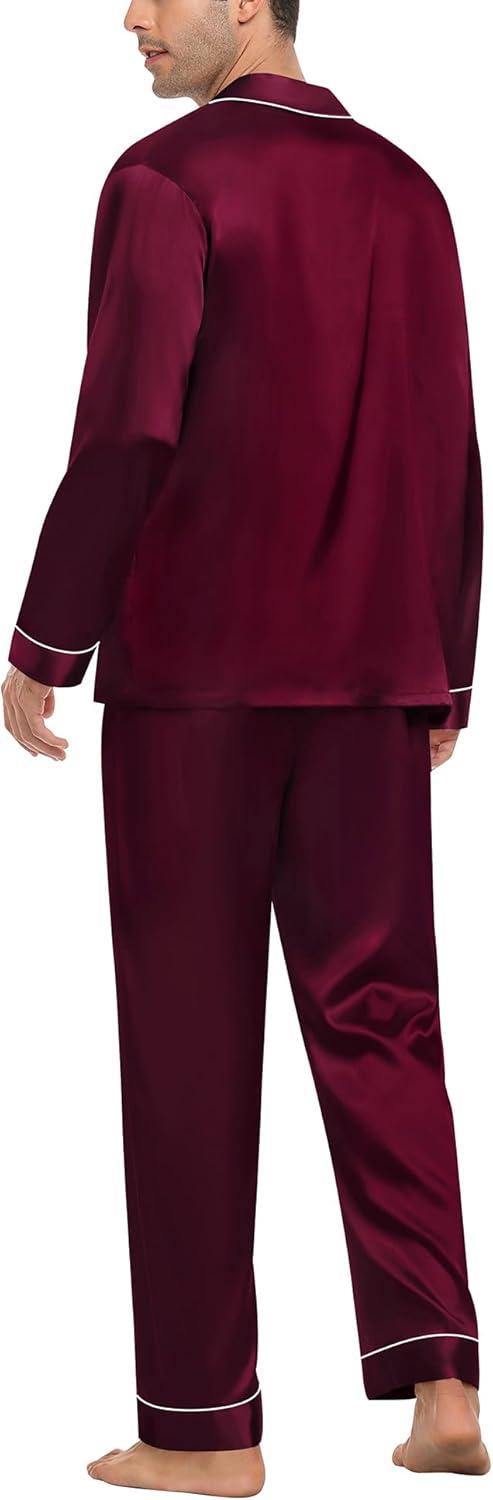 imageSWOMOG Mens Silk Pajamas Set Satin Long Sleeve Button Down 2 PCS Sleepwear V Neck Classic Loungewear Pjs with Long PantsDark Wine Red