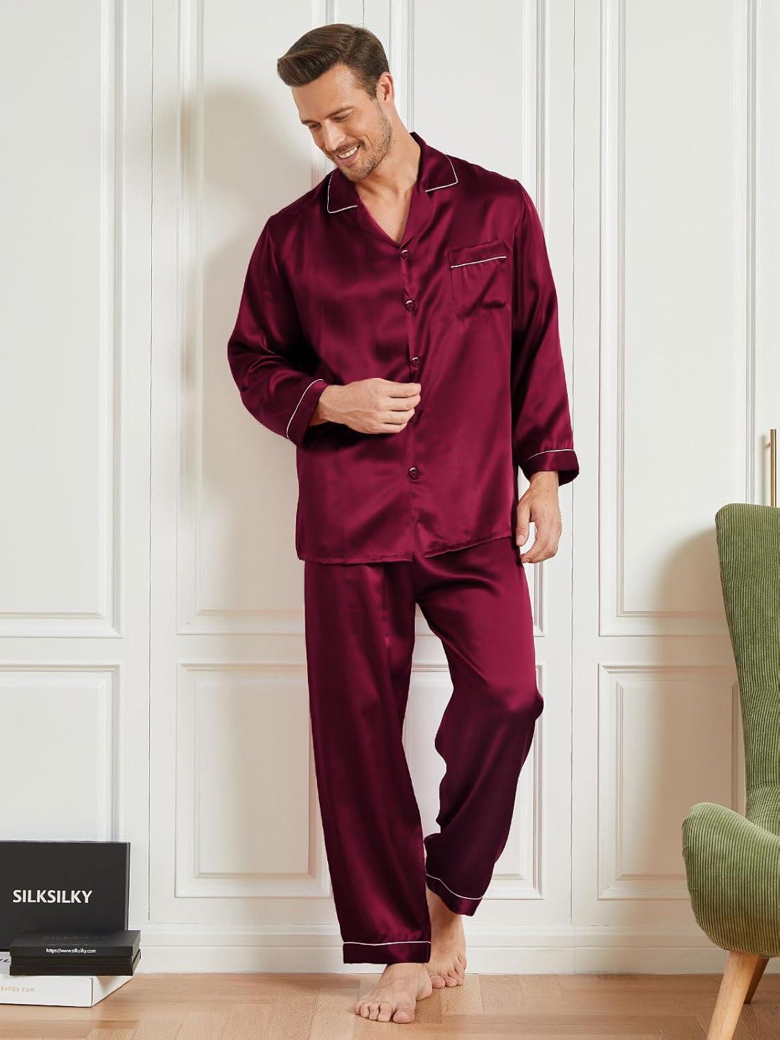 imageSWOMOG Mens Silk Pajamas Set Satin Long Sleeve Button Down 2 PCS Sleepwear V Neck Classic Loungewear Pjs with Long PantsDark Wine Red