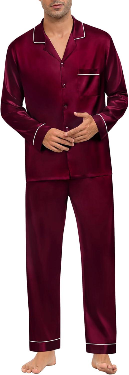 imageSWOMOG Mens Silk Pajamas Set Satin Long Sleeve Button Down 2 PCS Sleepwear V Neck Classic Loungewear Pjs with Long PantsDark Wine Red