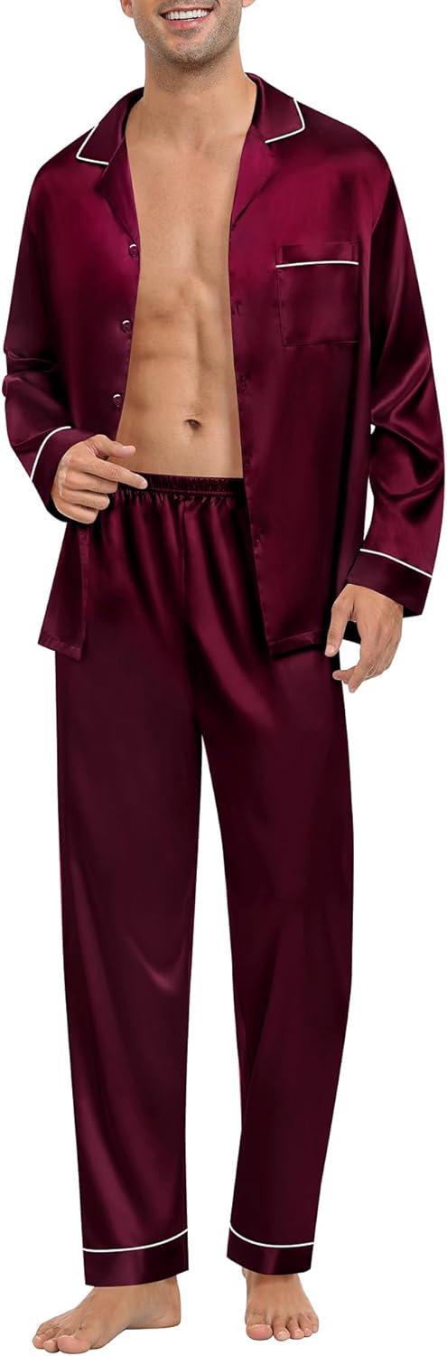 imageSWOMOG Mens Silk Pajamas Set Satin Long Sleeve Button Down 2 PCS Sleepwear V Neck Classic Loungewear Pjs with Long PantsDark Wine Red