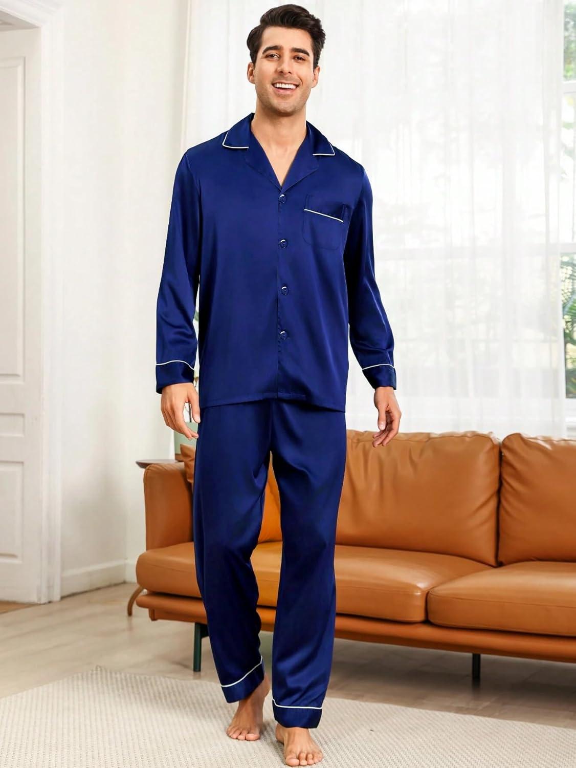 imageSWOMOG Mens Silk Pajamas Set Satin Long Sleeve Button Down 2 PCS Sleepwear V Neck Classic Loungewear Pjs with Long PantsNavy Blue