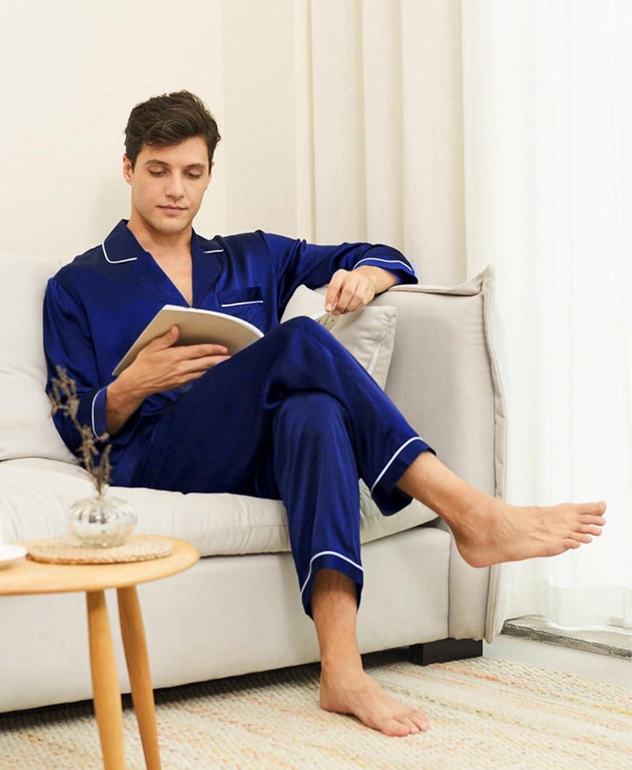 imageSWOMOG Mens Silk Pajamas Set Satin Long Sleeve Button Down 2 PCS Sleepwear V Neck Classic Loungewear Pjs with Long PantsNavy Blue