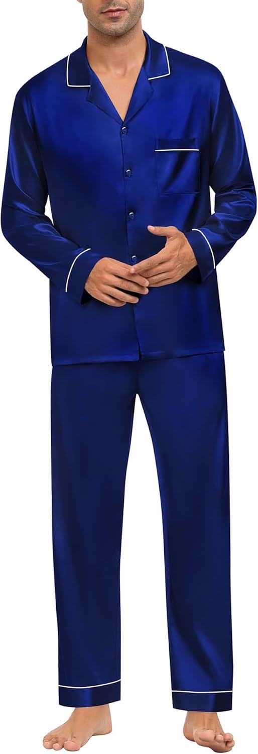imageSWOMOG Mens Silk Pajamas Set Satin Long Sleeve Button Down 2 PCS Sleepwear V Neck Classic Loungewear Pjs with Long PantsNavy Blue