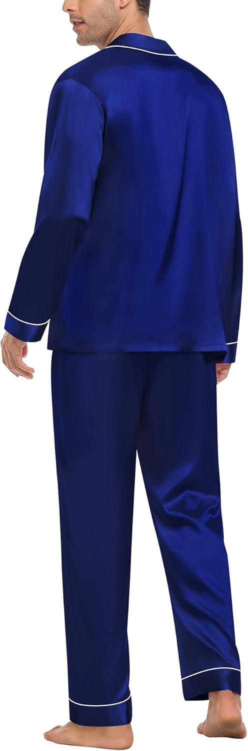 imageSWOMOG Mens Silk Pajamas Set Satin Long Sleeve Button Down 2 PCS Sleepwear V Neck Classic Loungewear Pjs with Long PantsNavy Blue