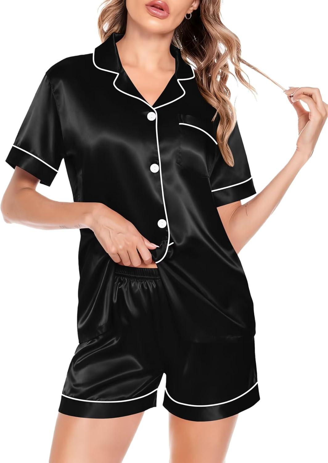 imageSWOMOG Satin Matching Pajamas Sets Couple Silk Button Down Nightwear Women amp Men Short Sleeve Sleepwear 2 Pieces LoungewearBlack