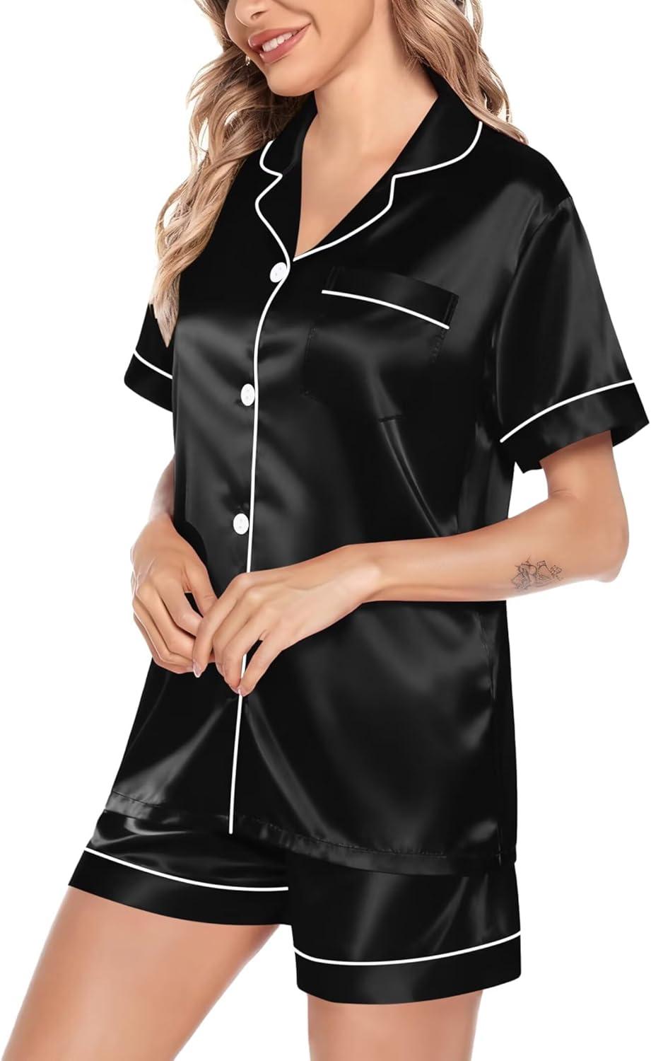 imageSWOMOG Satin Matching Pajamas Sets Couple Silk Button Down Nightwear Women amp Men Short Sleeve Sleepwear 2 Pieces LoungewearBlack